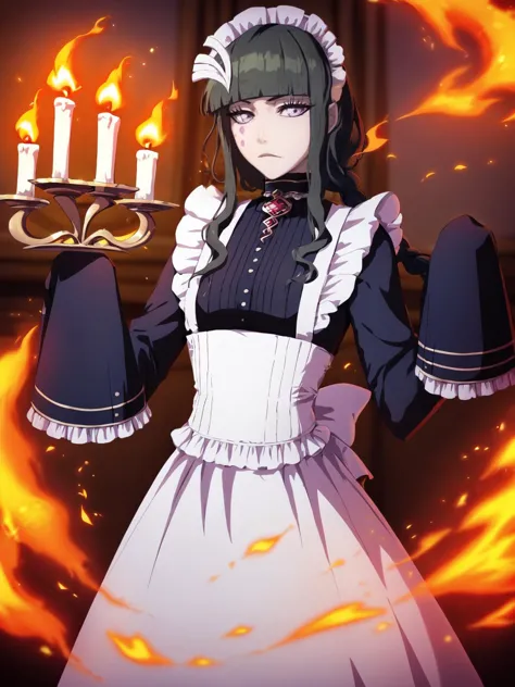 a woman in a maid outfit holding a candelier with candles