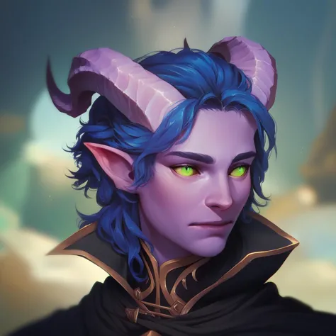 a close up of a person with blue hair and horns