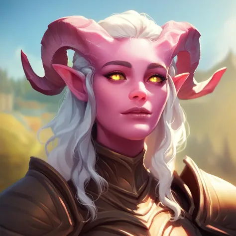 a close up of a woman with horns and yellow eyes