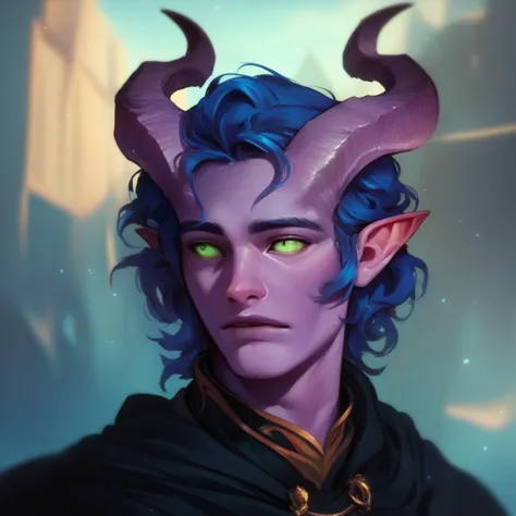 a close up of a person with blue hair and horns