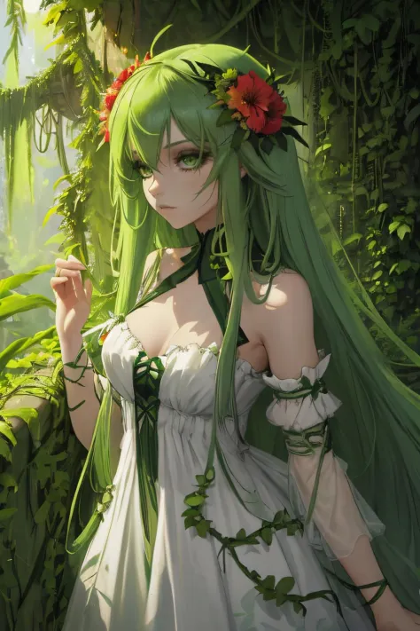 <lora:v1nedr3ss2:1> v1nedr3ss, jungle, long green hair, green eyes, flowers, vines, dress,