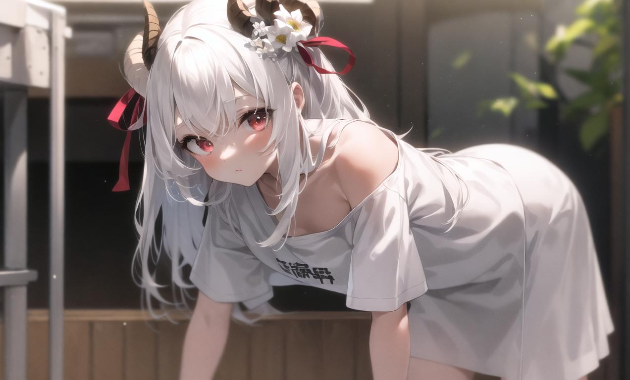 Anime girl with white hair and a gray dress bending over - SeaArt AI