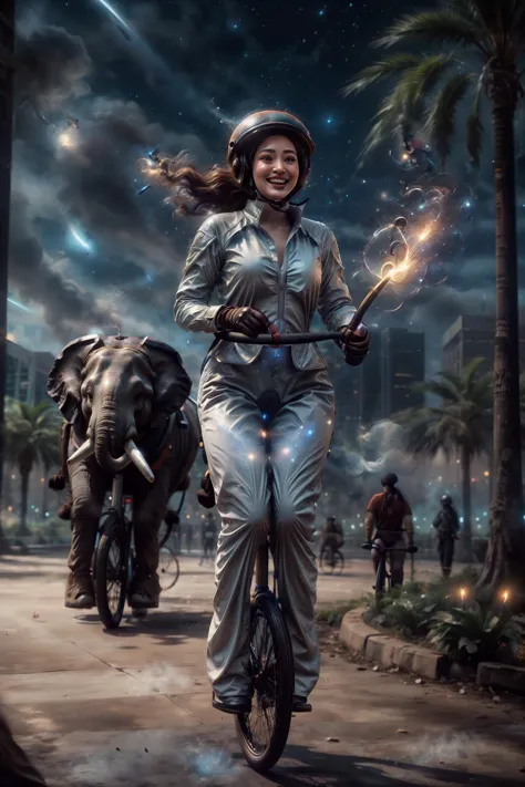 there is a woman riding a bike with a wand and a helmet