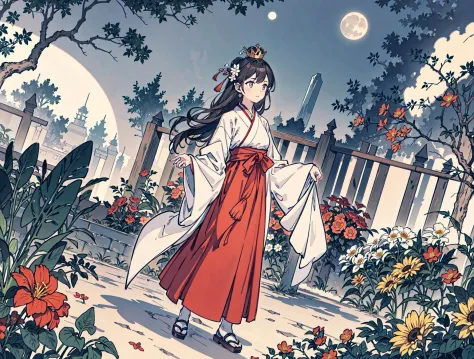 beste Qualität, Hoch_Auflösung, unterscheidbar_image, detaillierter Hintergrund ,Mädchen, Hanbok,Blume,garden,Mond, Nacht,holländischer Winkel, Weitwinkelaufnahme, Krone, 