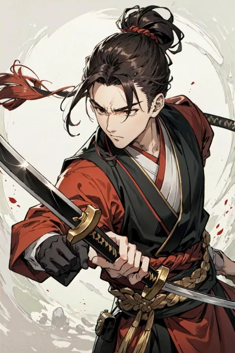 (melhor qualidade),  fundo detalhado, guerreiro oriental,homem,artes de combate, segurando segurando a espada,