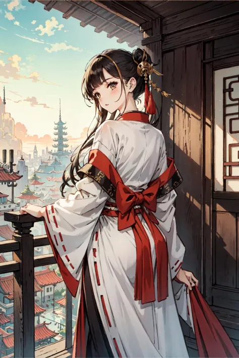 (best quality), girl,oriental detailed background, oriental cityscape, steampunk, miko