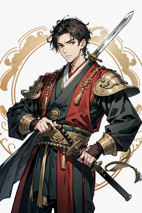 (best quality),  detailed background, oriental king,man,combat arts, holding holding sword,