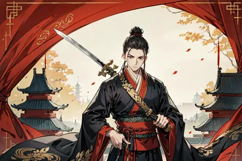 (best quality),  detailed background, oriental emperor,man,combat arts, holding holding sword, oriental castle,