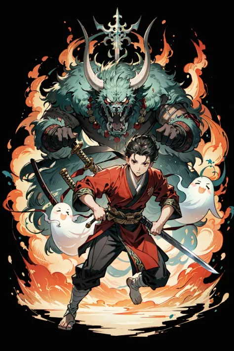 (best quality),  detailed background, oriental nobless,ghost man,combat arts, holding holding sword, oriental castle,oni, monster army