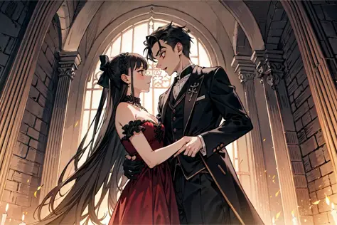 (best quality),  detailed background,gothic girl, horror, vampire, nobless,girl dancing with man,castle