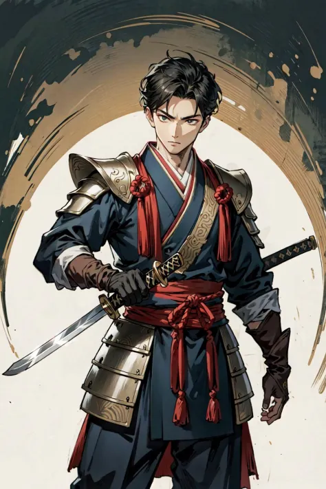 (beste Qualität),  detaillierter Hintergrund, orientalischer Krieger,Mann,Kampfkünste, halten halten Schwert,