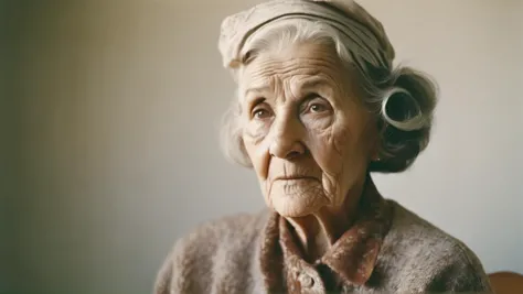 AnalogRedmAF,
Vintage Photograph, Elderly Woman Portrait, Analog Film, Wearing Time-worn Clothes, 1950s, Soft Lighting, Wrinkled...
