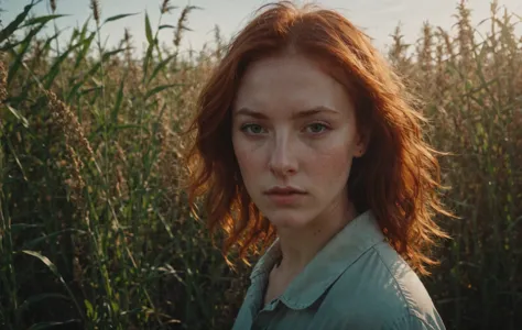 cinematic film still, close up, face only, photo of redheaded girl near grasses, fictional landscapes, (intense sunlight:1.4), r...