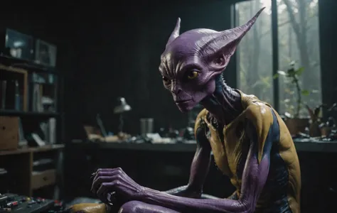 cinematic film still, a purple alien creature is seen sitting on her, in the style of hyper-realistic details, dark yellow and n...