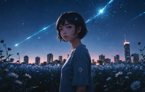 anime girl, night, blue light behind her, ((Galaxy, Lens flare)), short hair, flower field, night sky, cinematic shot. Wallpaper...