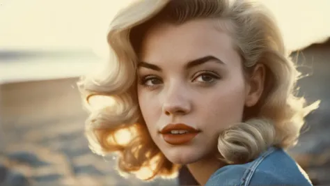 AnalogRedmAF,
Teenage Girl Portrait, Analog Collodion, Dreamy Expression, 1960s, Sunset Lighting, Denim Texture, Beach Background, Spiral Composition, Organic Grain, Soft Focus on Lips, Marilyn Monroe 
, 