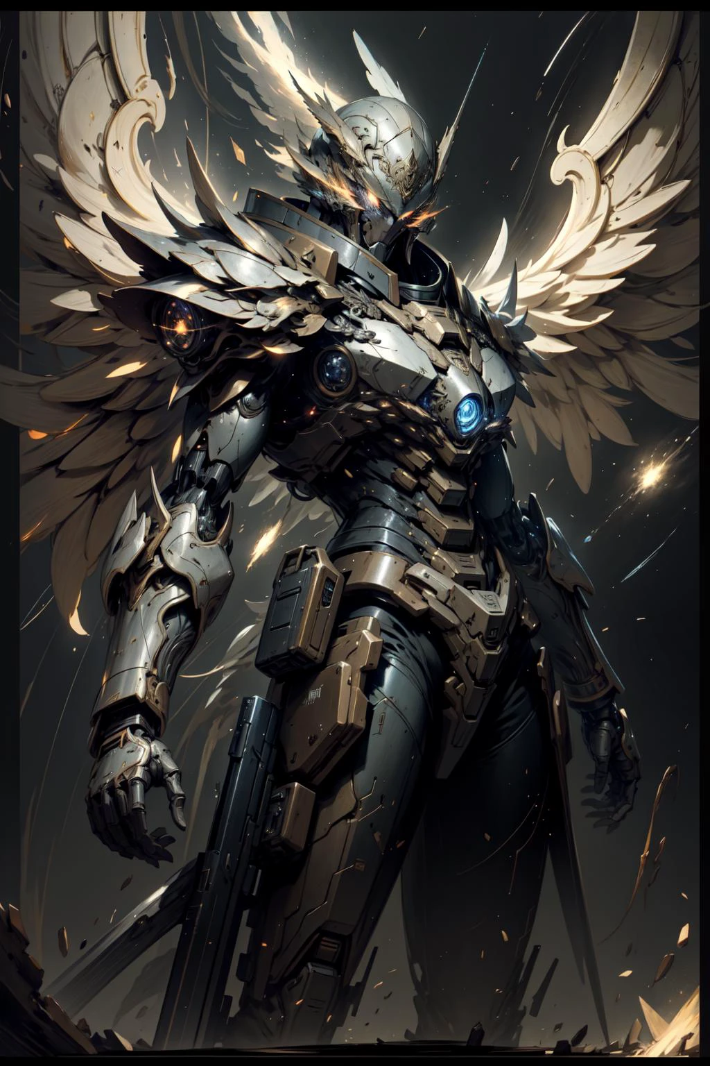 (masterpiece, best quality:1.3),extremely high detailed, intricate, 8k, HDR, wallpaper, cinematic lighting, (universe),gun,(shooting position), glowing, armor, glowing eyes, mecha, large wings,   