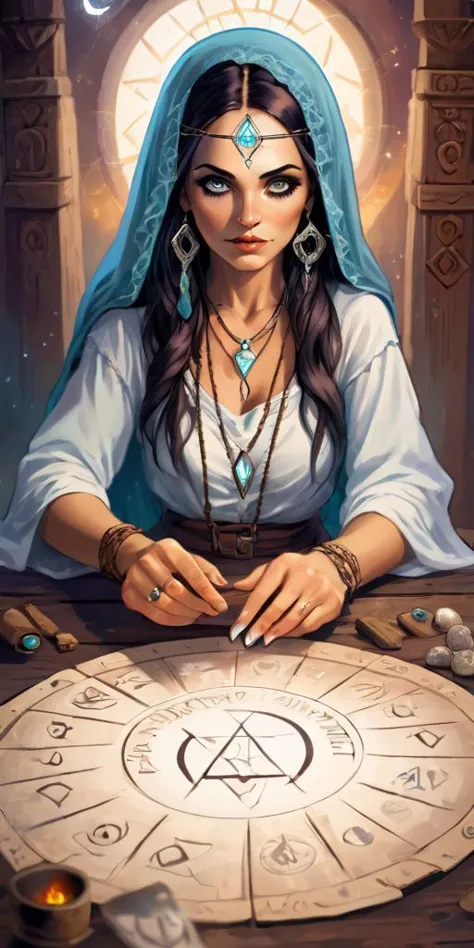 a woman Gypsy divination oracle reader with magic aura, runes, tarot, the entrance to a divination temple where they tell the fu...