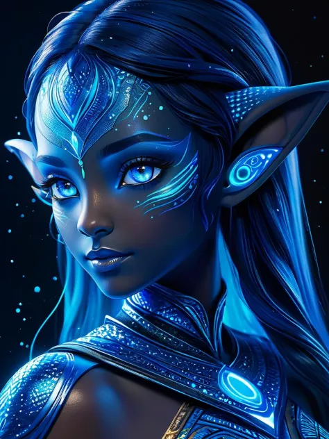 blue humanoid avatar with bioluminescent avatar markings dots and patterns on their skin. Pointed elf ears. avatar like hair, ha...