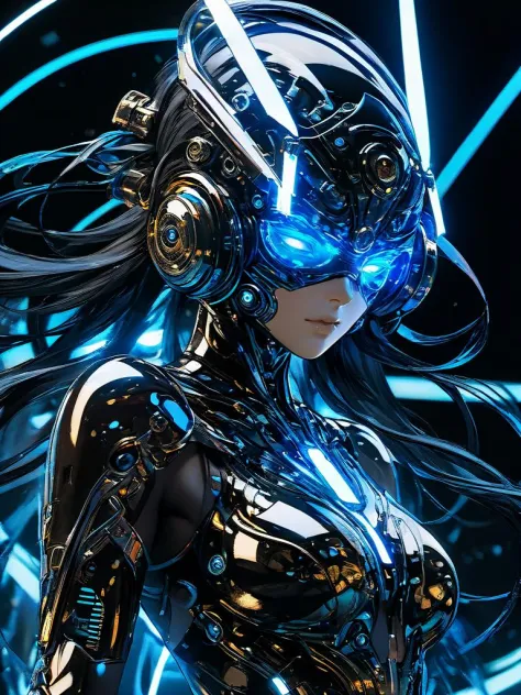 1 demon girl,(wearing full coverage techpunkmask:1.5),(transparent holographic helmet:1.2),mechanical arms,detailed face closeup...