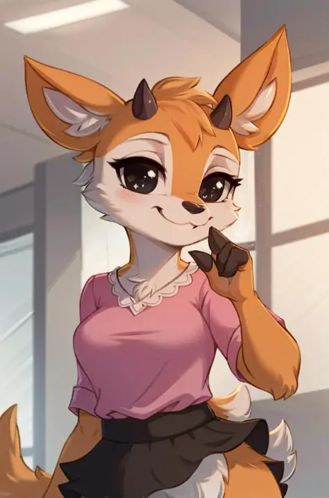 1girl, (anthro furry:1.2), TsunodaCzar, (two-toned fur, orange fur, black eyes, deer ears, horns, snout), (pink blouse, black skirt, smiling), (interior, office), (masterpiece:1.2), hires, ultra-high resolution, 8K, high quality, (sharp focus:1.2), clean, crisp, cinematic, 