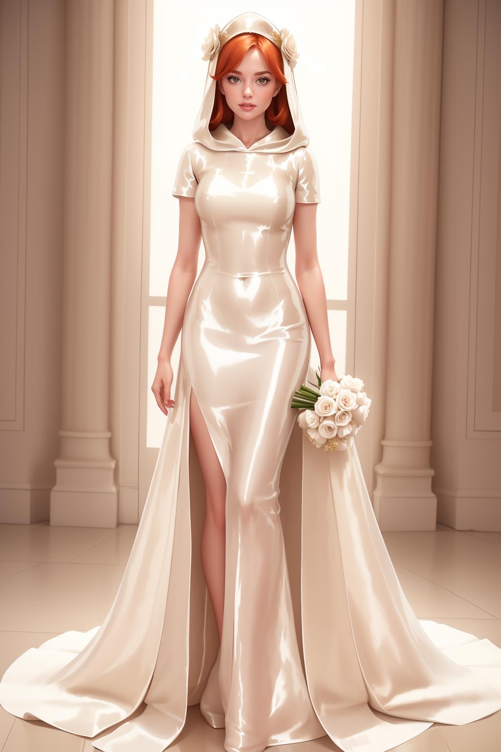 A woman in a wedding dress standing in a room with a bouquet - SeaArt AI