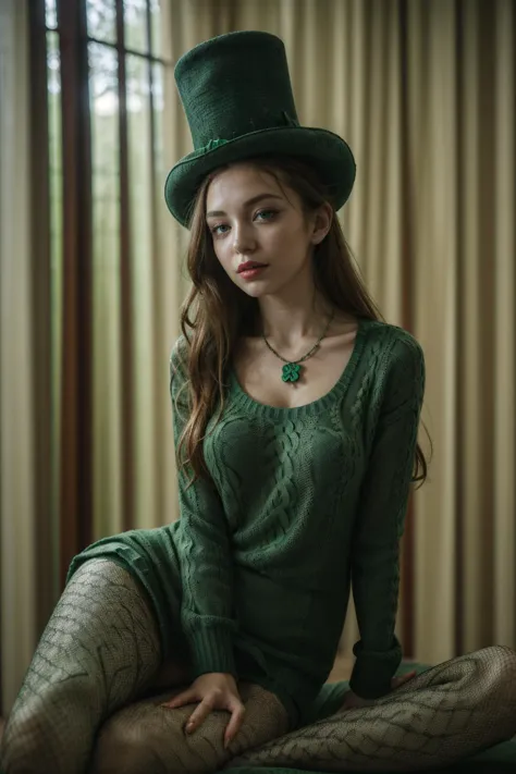 a woman in a green dress and hat sitting on a bed