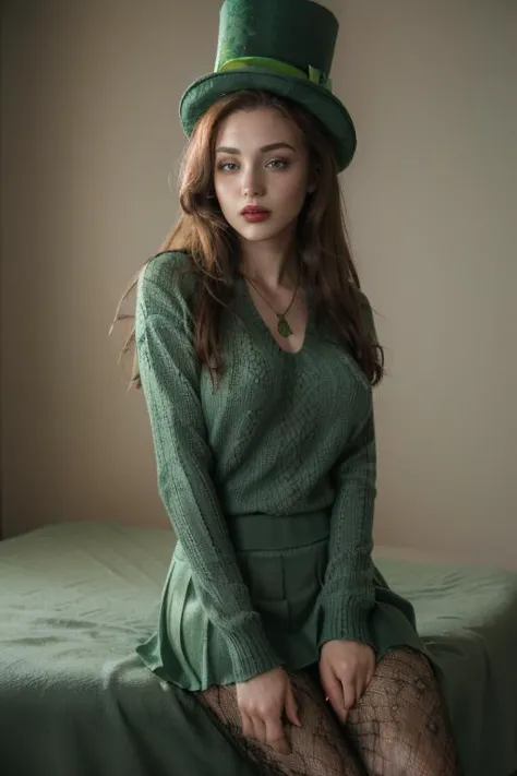 a close up of a woman in a green dress and hat