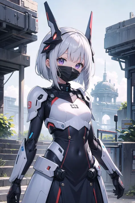 (masterpiece), science fiction, scenery, 1girl, smile, silver hair, bob hair, medium hair, bangs, purple eyes, mecha headgear, s...