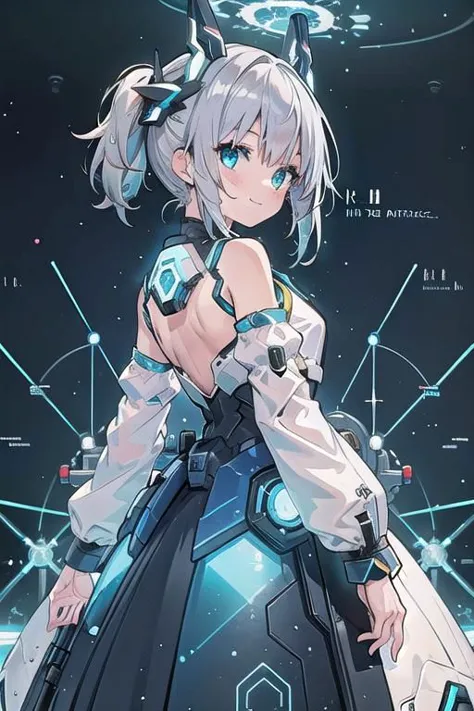 (masterpiece), (science fiction:1.4), 1girl, her back turned, smile, silver hair, aqua eyes, headgear, long sleeves, detached sl...