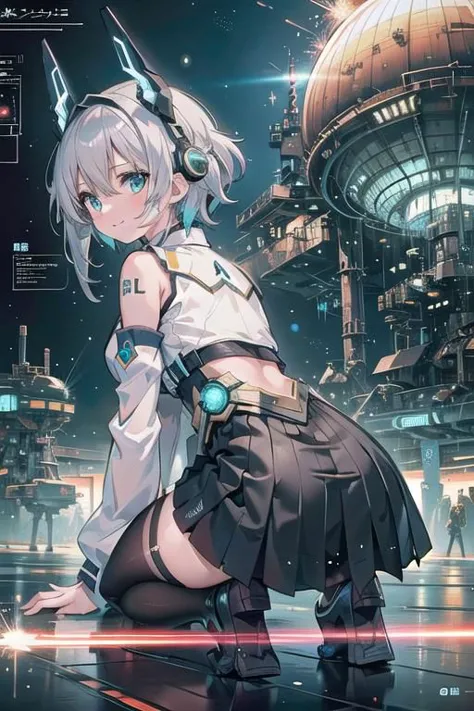 (masterpiece), (science fiction:1.4), 1girl, her back turned, on all fours, smile, silver hair, aqua eyes, headgear, long sleeve...