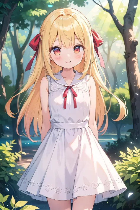 (masterpiece), best quality, fantasy, colorful, forest, sunlight, dappled sunlight, light particles, 1girl, blush, smile, long hair, yellow hair, red eyes, hair ribbon, red ribbon, white dress, arms behind back