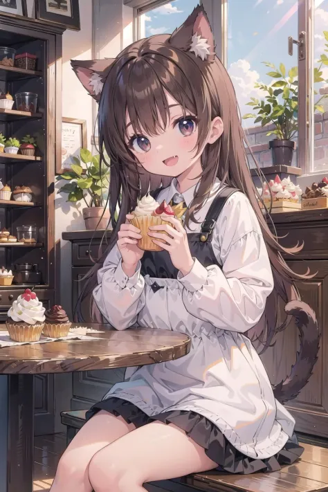 (masterpiece),  indoors,  bakery,  cupcake,  sitting,  table,  head tilt,  looking at viewer,  holding food,  sunlight,  1girl, ...