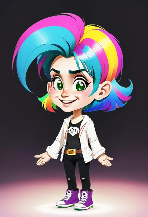 a cartoon girl with colorful hair and a white jacket