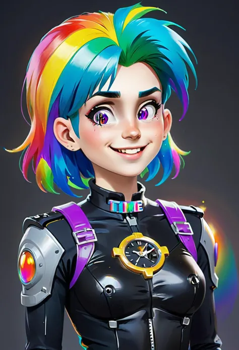 a woman with colorful hair and a black top is smiling