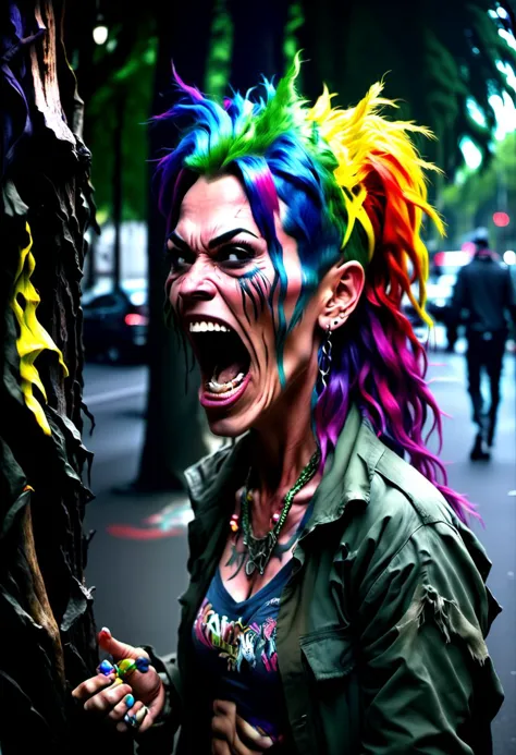 araffe with colorful hair and piercings on a city street