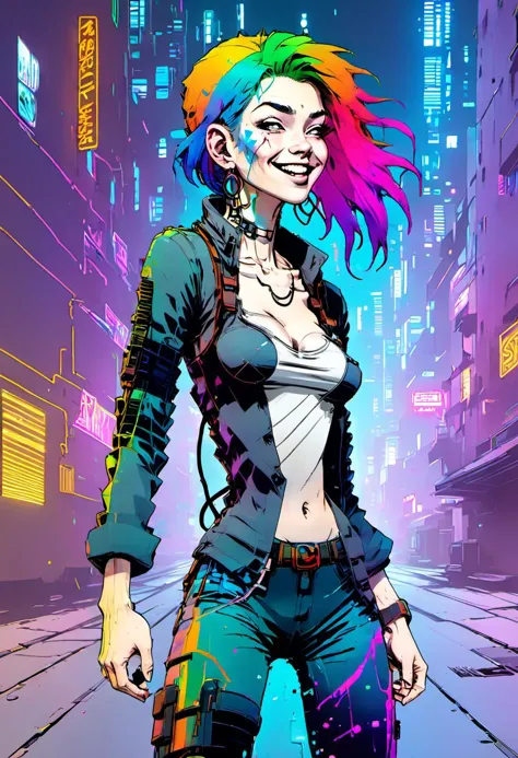 <lora:InfiniteTina:.6> A 25-year-old InfiniteTina with rainbow hair evading capture in a neon-lit cyberpunk alleyway while dress...