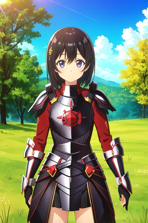 a woman in armor standing in a field with trees