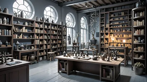 there is a room with a lot of books and a table