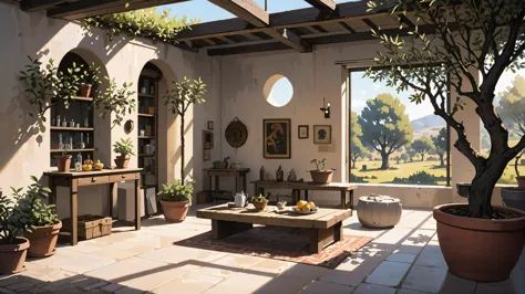 there is a painting of a patio with potted plants and a table