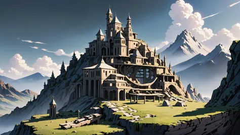 a close up of a castle on a mountain with a sky background