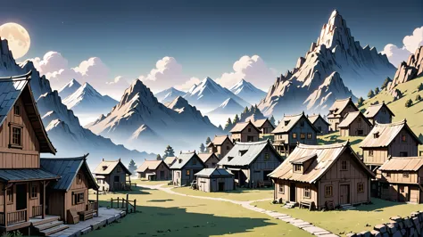 mountains and houses in a cartoon style with a path going through them