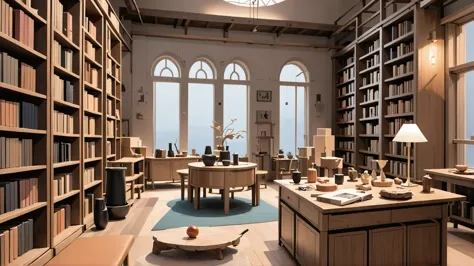 there is a room with a lot of books and a table