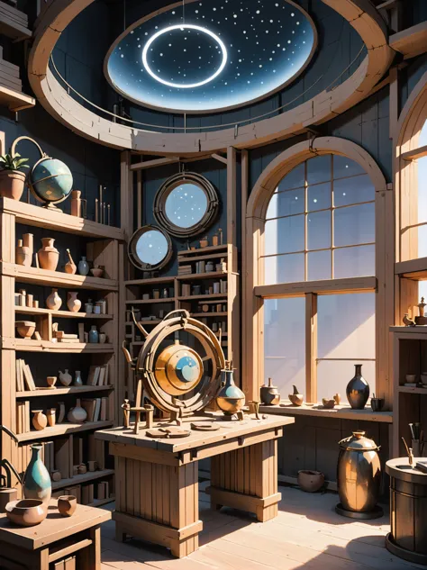 a close up of a room with a table and a clock