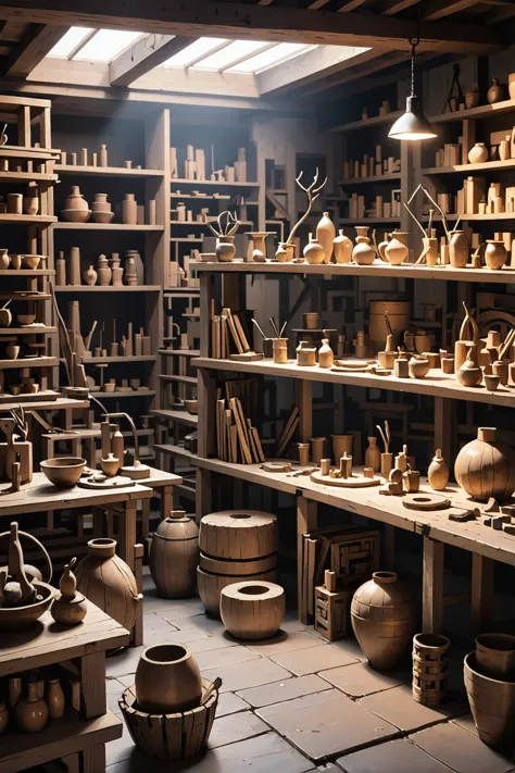 there are many pots and vases on shelves in a room