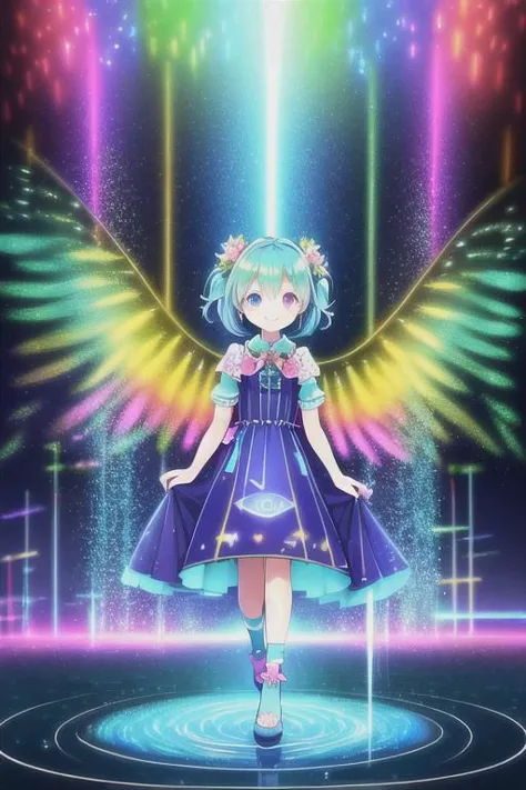 a girl in a dress with wings standing in a pool