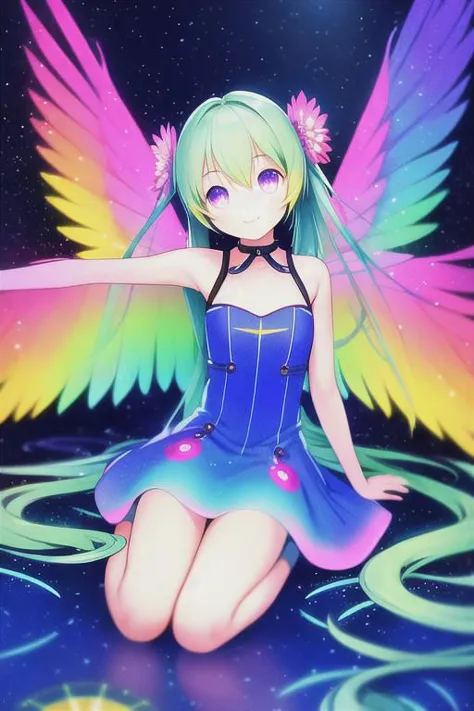 electronic circuit pattern dress,electronic circuit pattern,miku,masterpiece, best quality, 8K, (photorealistic:1.4),(Vivid colors:1.3),(content expression:1.3),Electronic girl. Cyberpunk magic. Electronic wings dress. Electronic world. A world with an original and fantastical atmosphere. A world with an original and fantastical atmosphere,smile,yellow Electronic hair,blue Electronic eye,pink long dress,cute,soft,cool,kawaii,flower,soft,thin,wind,sit,skart,soaring feathers,Lens flare,glitter,,lotus,vine,electronic room,fly,fire,water,rug,ring,mural,float