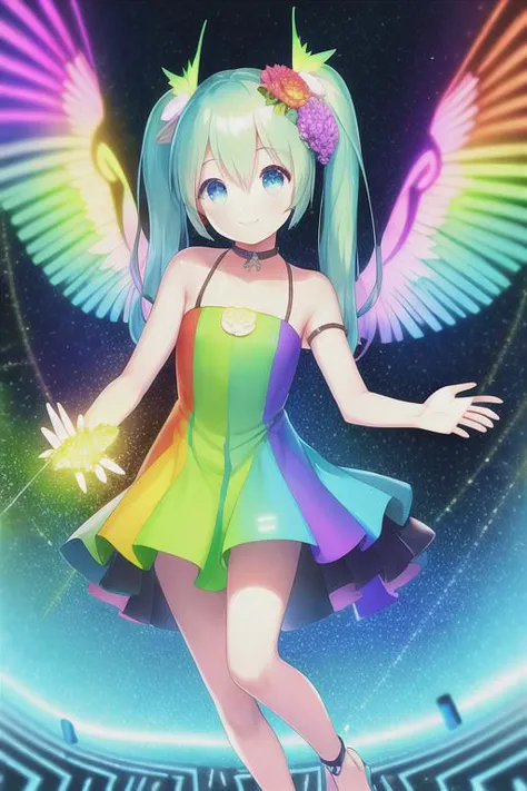 electronic circuit pattern dress,electronic circuit pattern,miku,masterpiece, best quality, 8K, (photorealistic:1.4),(Vivid colors:1.3),(content expression:1.3),Electronic girl. Cyberpunk magic. Electronic wings dress. Electronic world. A world with an original and fantastical atmosphere. A world with an original and fantastical atmosphere,smile,yellow Electronic hair,blue Electronic eye,pink long dress,cute,soft,cool,kawaii,flower,soft,thin,wind,sit,skart,soaring feathers,Lens flare,glitter,,lotus,vine,electronic room,fly,fire,water,rug,ring,mural,float,wing dress,fence