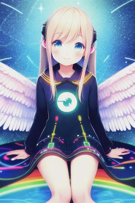 a girl with angel wings sitting on a rainbow colored surface