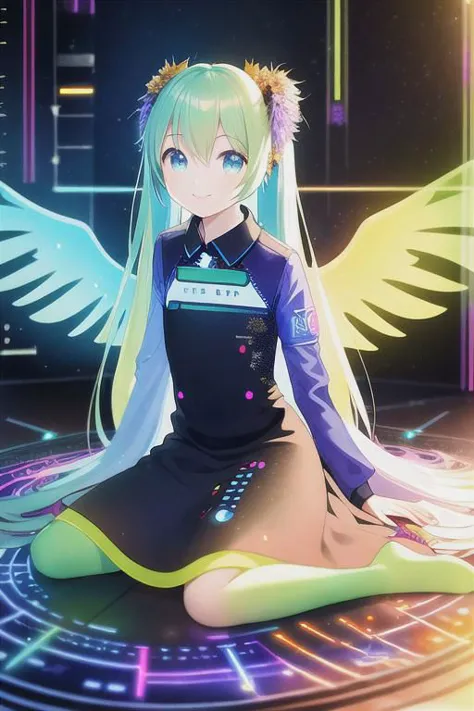 new,text,electronic circuit pattern dress,electronic circuit pattern,miku,masterpiece, best quality, 8K, (photorealistic:1.4),(Vivid colors:1.3),(content expression:1.3),Electronic girl. Cyberpunk magic. Electronic wings dress. Electronic room. A world with an original and fantastical atmosphere. A world with an original and fantastical atmosphere,smile,yellow Electronic hair,blue Electronic eye,pink long dress,cute,soft,cool,kawaii,flower,soft,thin,wind,sit,skart,soaring feathers,Lens flare,glitter,,lotus,vine,electronic room,fly,fire,water,rug,ring,,float,wing dress,,warp,rise ,Transform,flow